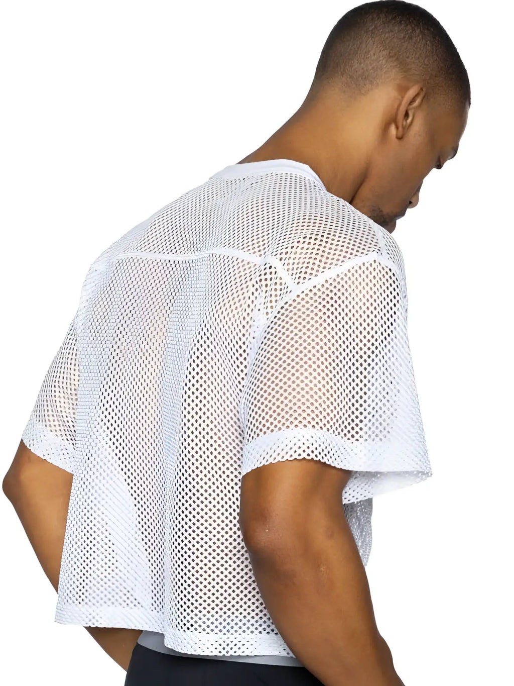 White mesh short sleeve athletic top with crew neckline from BIKE bam134 practice jersey collection