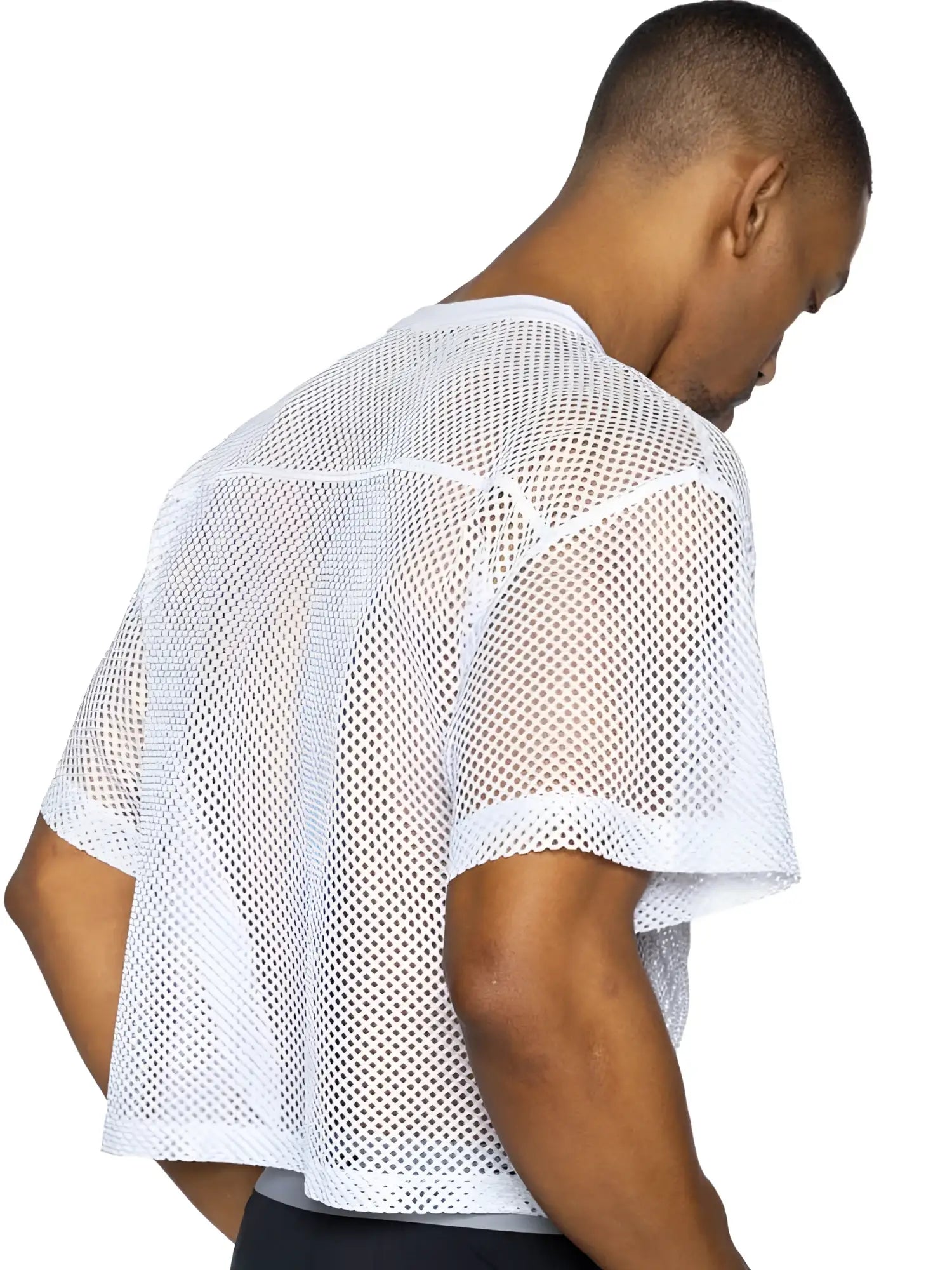 White mesh short sleeve athletic top with crew neckline from BIKE bam134 practice jersey collection