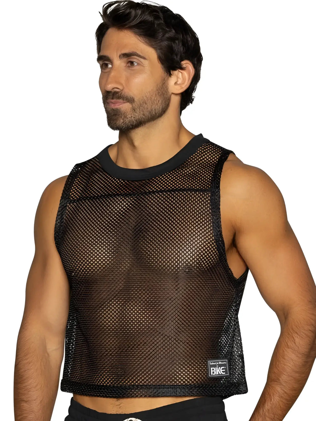 Black sleeveless bike athletic bam135 mesh crop top with ribbed neckline hem and small brand label on lower right side