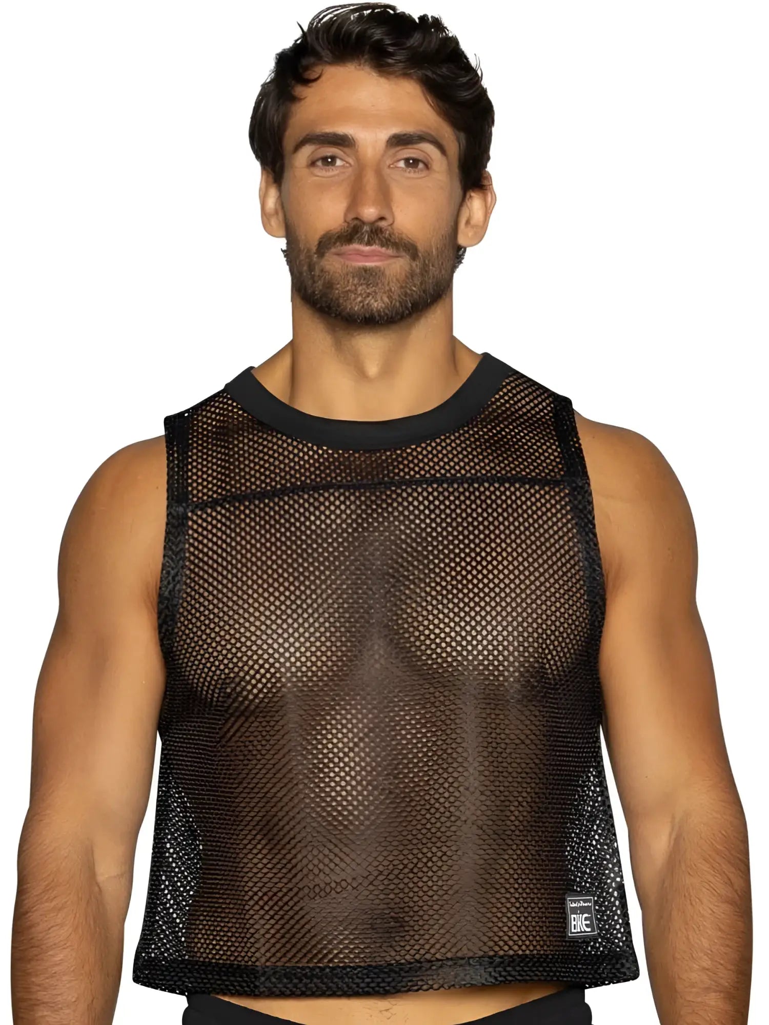 Black mesh sleeveless crop top with solid ribbed neckline and hem by bike athletic for practice jersey use