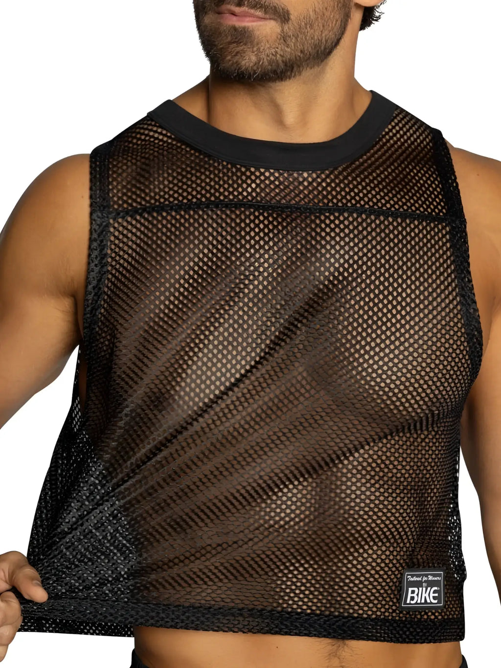 Black mesh crop top with solid ribbed neckline and hem featuring a small label in lower right side for athletic use