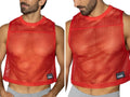 Red mesh sleeveless top with ribbed neckline and hem featuring small black bike brand patch on lower left side