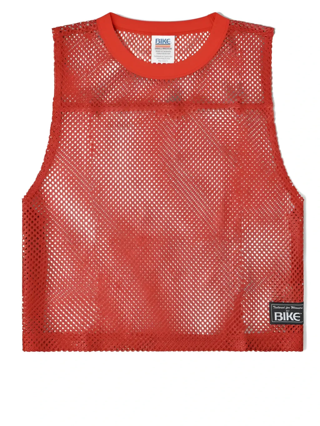 Red mesh sleeveless practice jersey with ribbed neckline and branded labels by bike athletic in color red