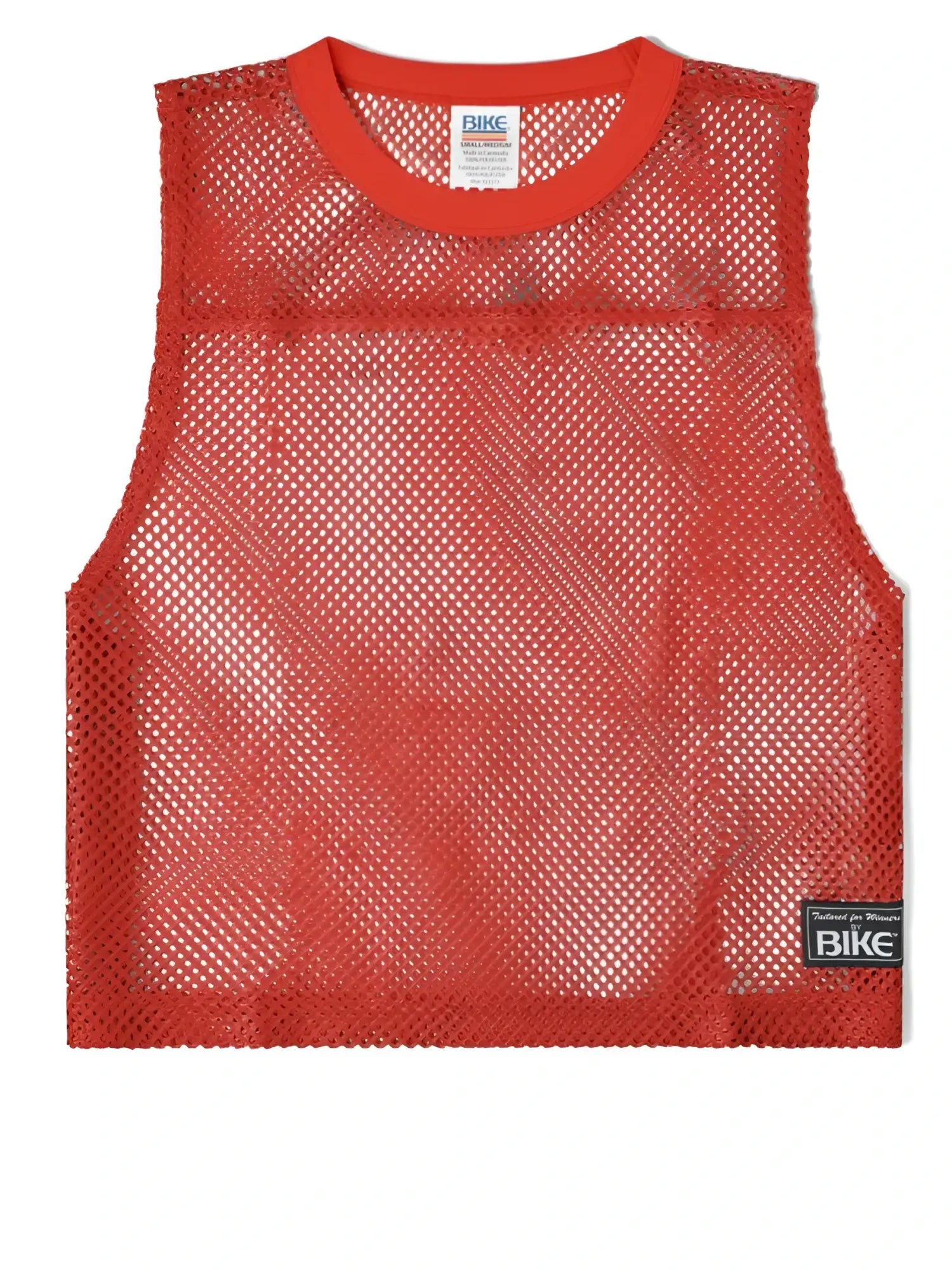Red mesh sleeveless practice jersey with ribbed neckline and branded labels by bike athletic in color red