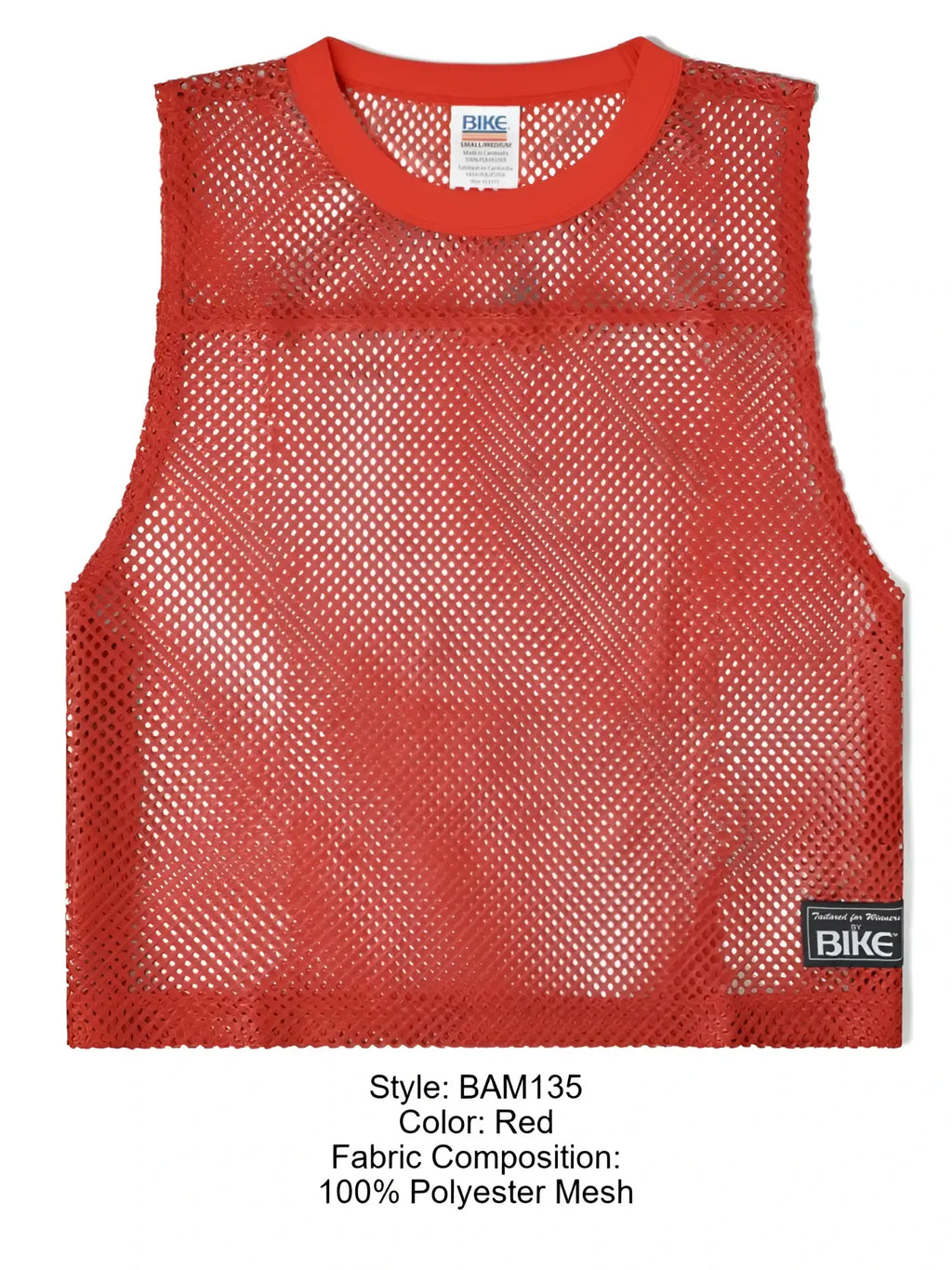 Red sleeveless polyester mesh bike athletic BAM135 practice jersey with rounded neckline and black brand tag