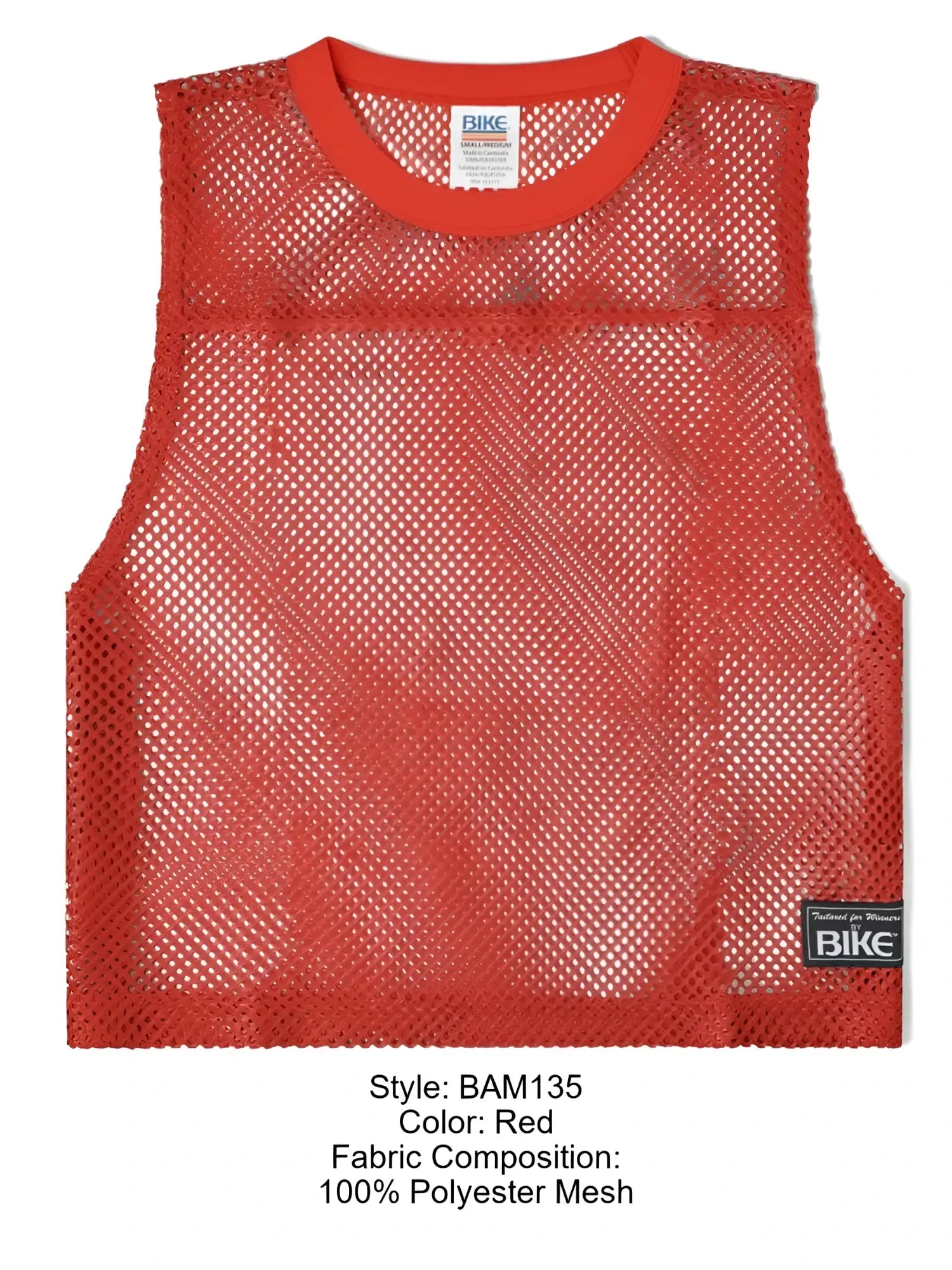 Red sleeveless polyester mesh bike athletic BAM135 practice jersey with rounded neckline and black brand tag
