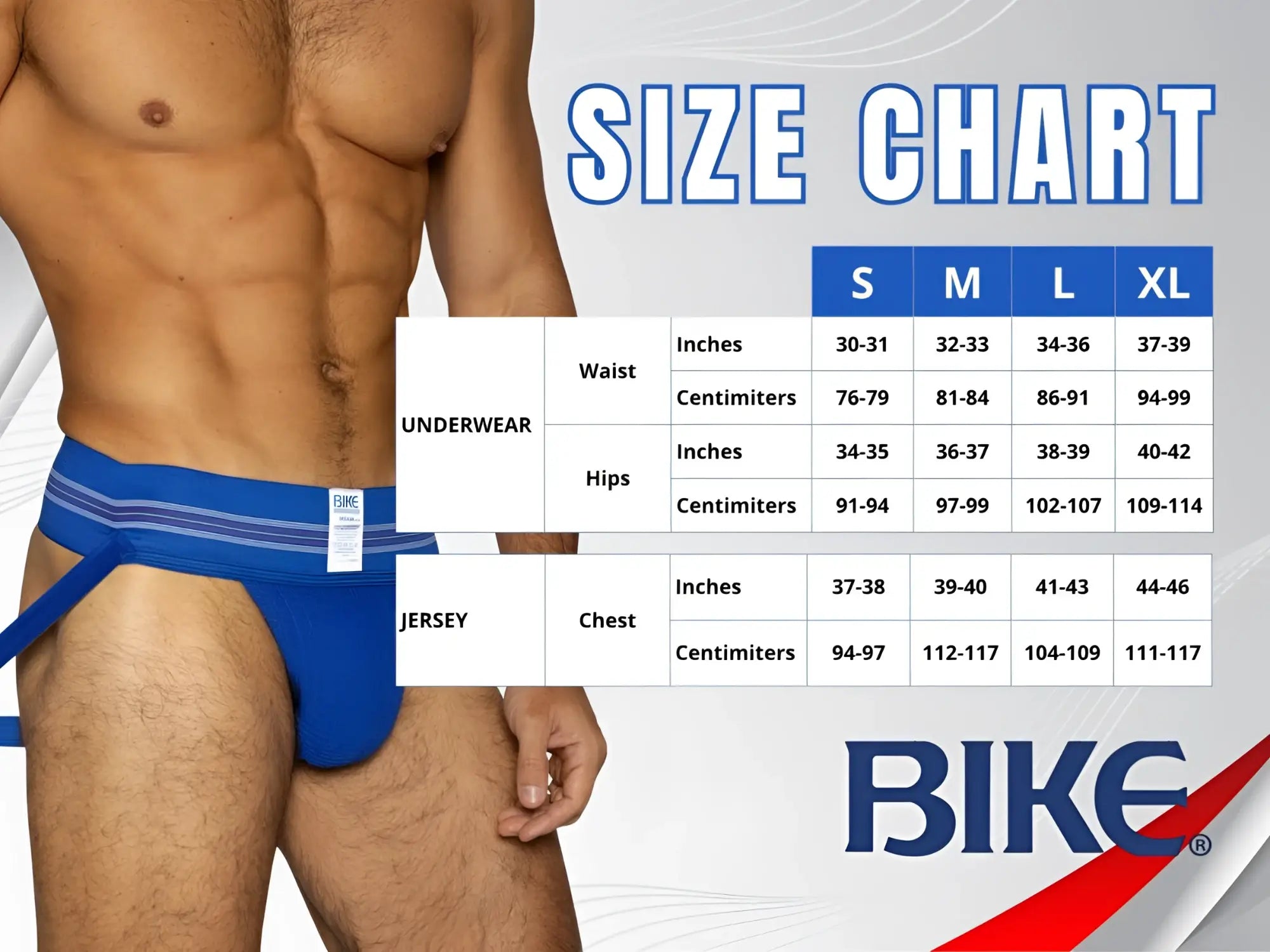 Blue athletic briefs with white striped trim and brand tag on waistband for performance and active use