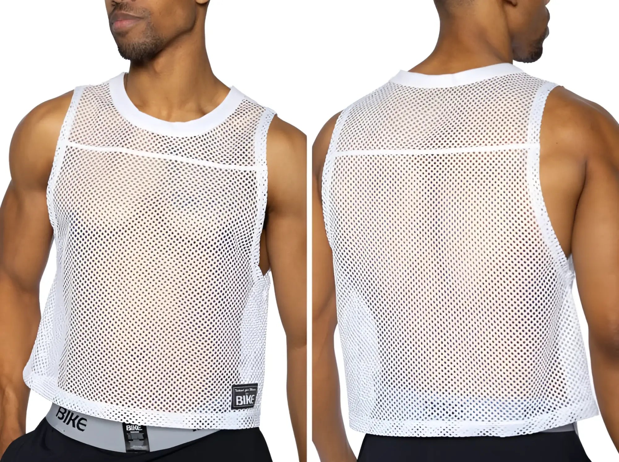 Bike athletic bam135 white mesh tank top with round neckline and hemmed edges for sleeveless practice jersey