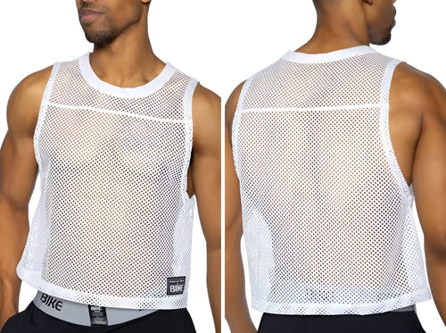 Bike athletic bam135 white mesh tank top with round neckline and hemmed edges for sleeveless practice jersey