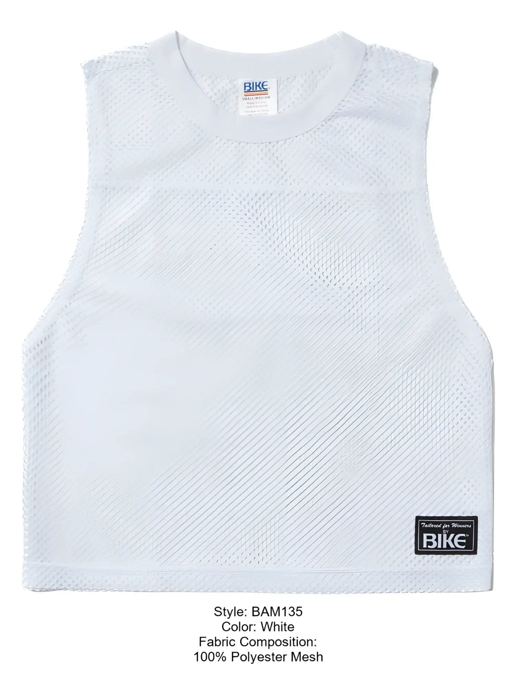 White sleeveless athletic mesh top made of 100% polyester with crew neck and branded bike label at collar