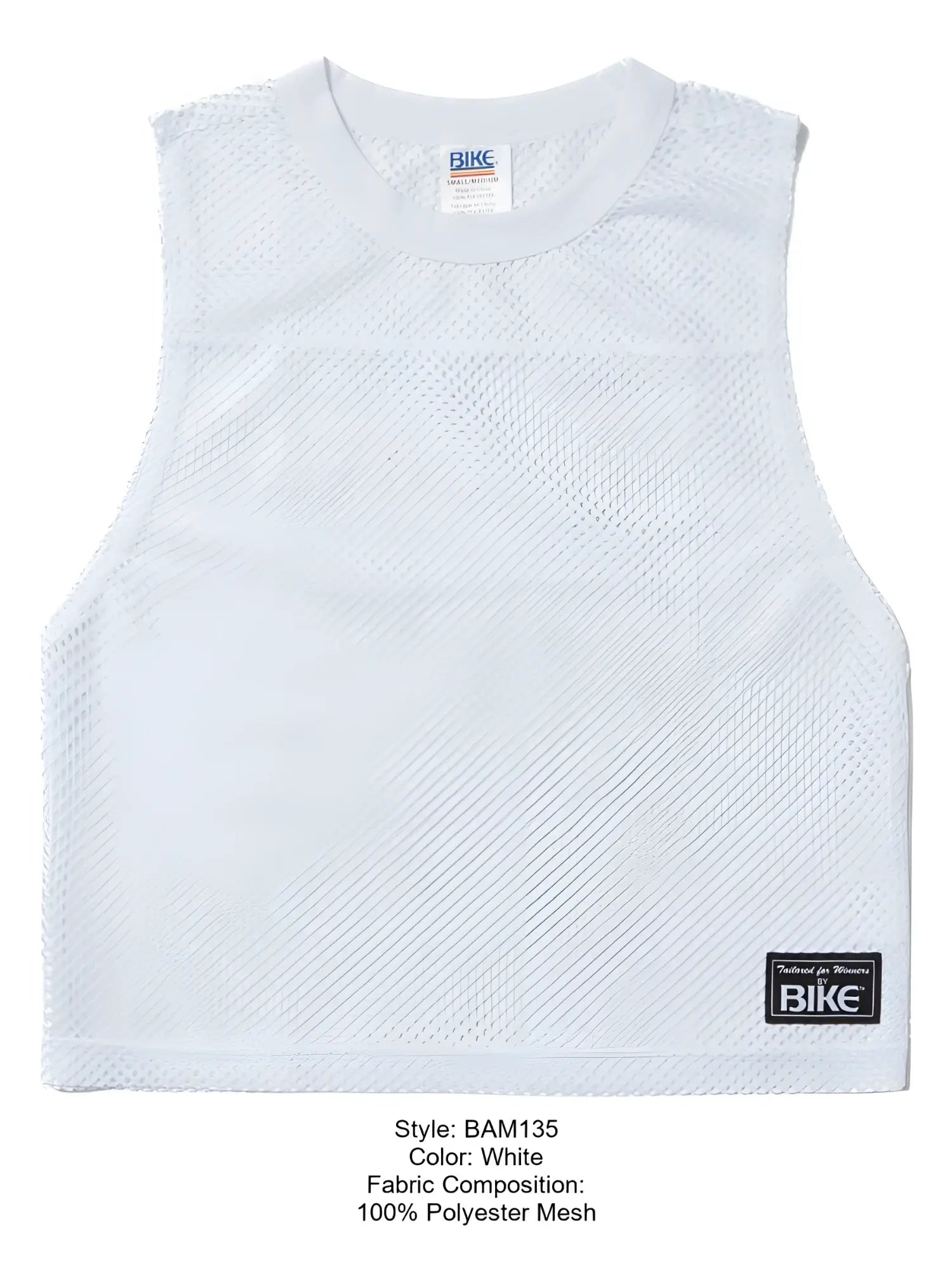 White sleeveless athletic mesh top made of 100% polyester with crew neck and branded bike label at collar
