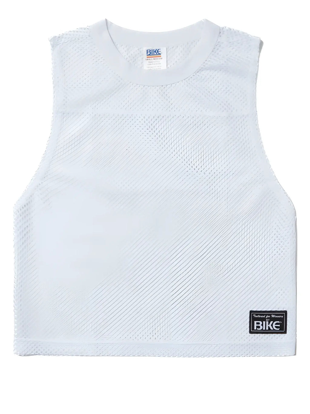 White mesh sleeveless athletic top with crew neck and black bike label on lower right side for performance use