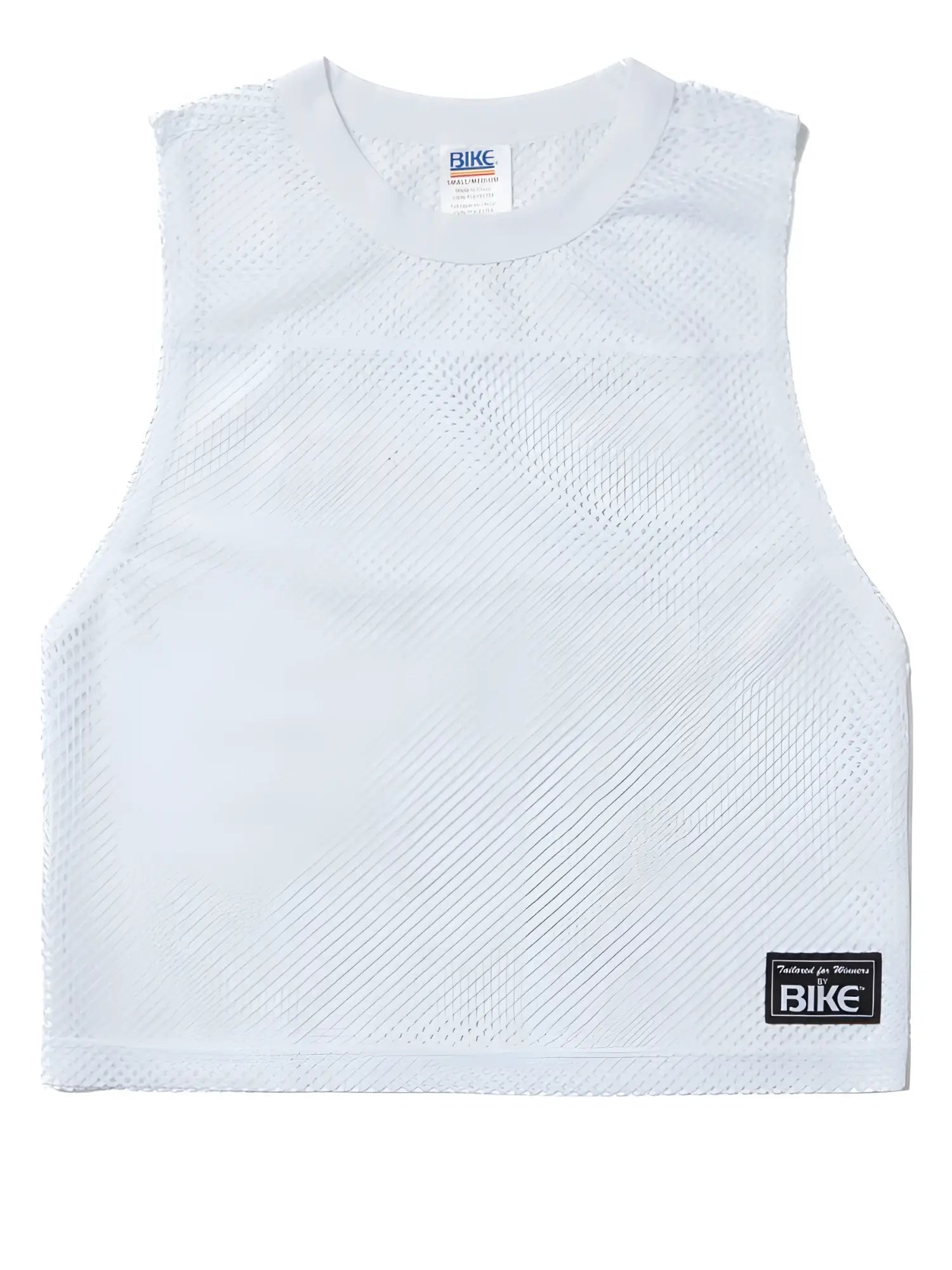 White mesh sleeveless athletic top with crew neck and black bike label on lower right side for performance use