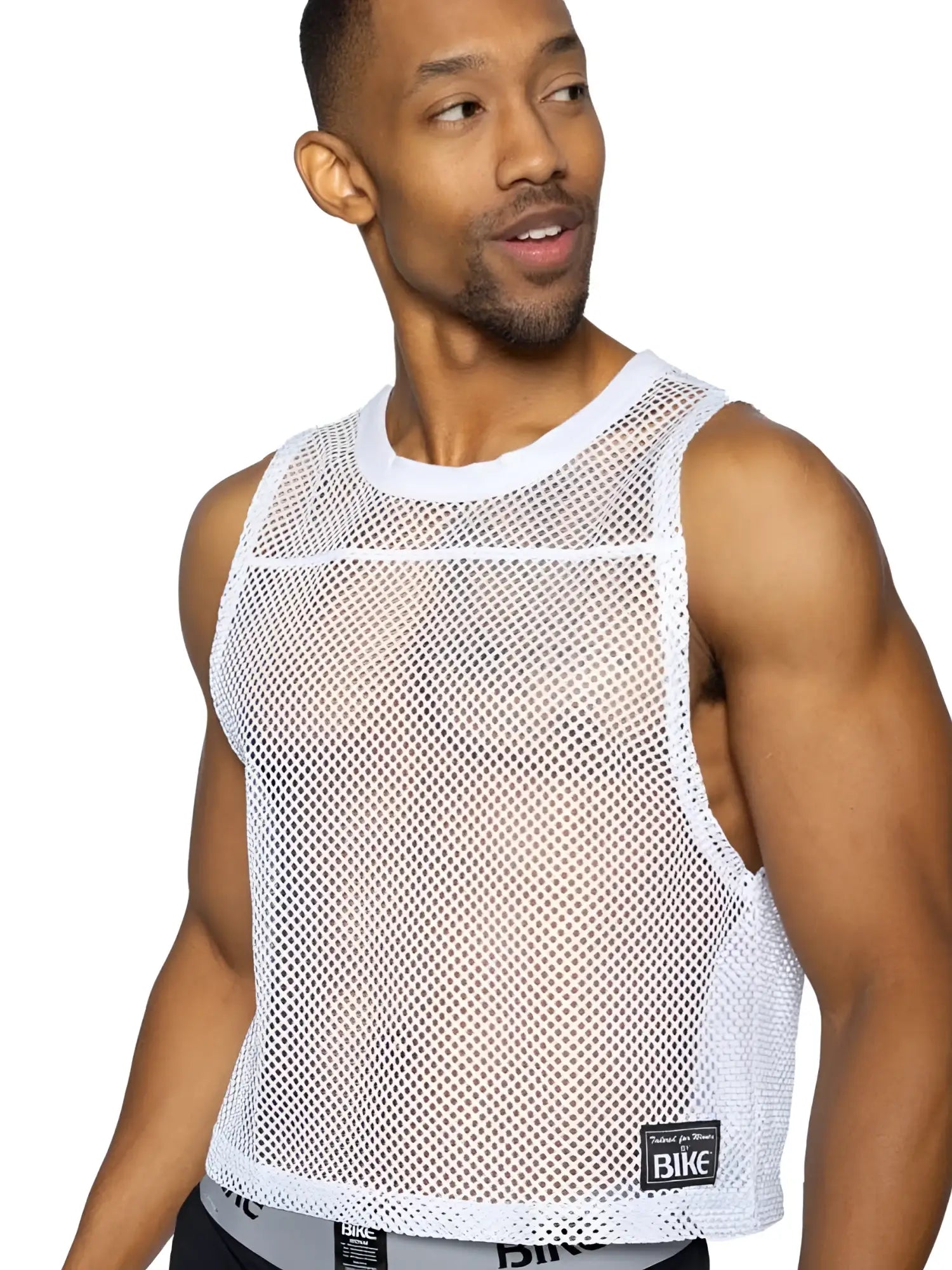 Bike athletic bam135 white mesh tank top with round neckline cropped hem and black bike brand label on lower right side