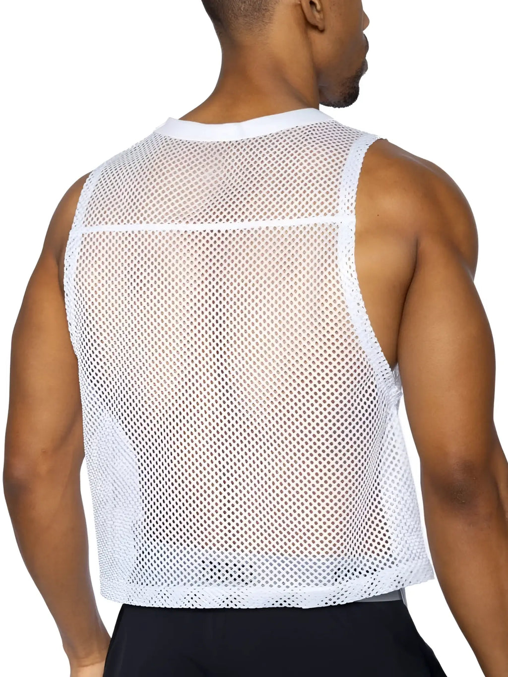 White mesh sleeveless bike athletic practice jersey with rounded neckline and hem for performance use