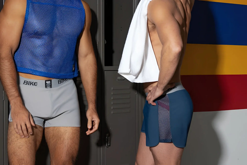 Gray athletic briefs with mesh panel and bike branding on waistband for active use