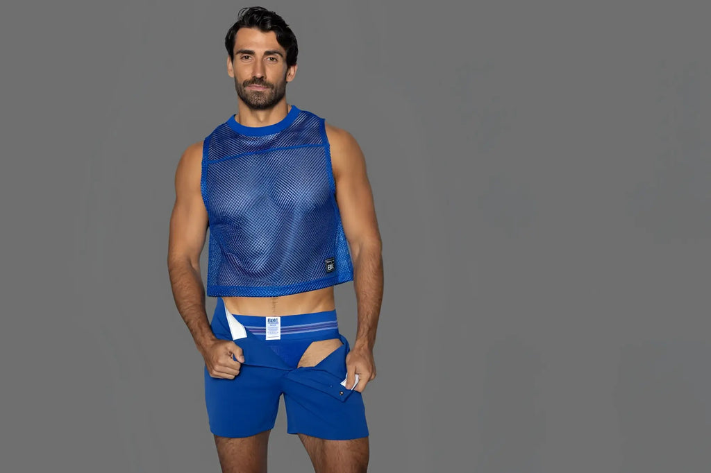 Blue mesh sleeveless practice jersey by bike athletic in vibrant royal blue with cropped hem and subtle lower left branding