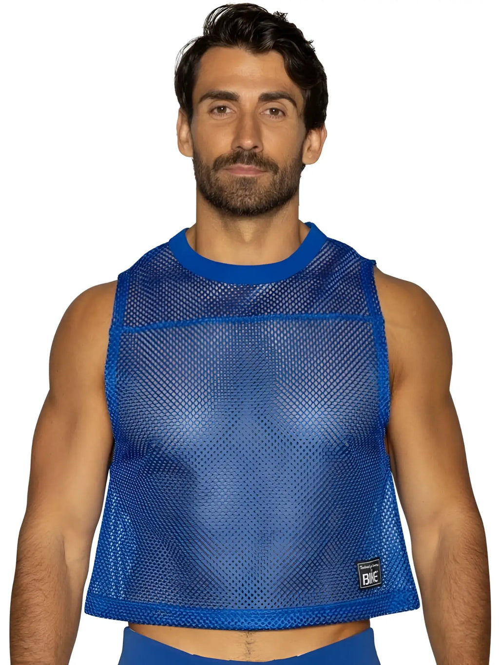Blue mesh crop top with solid royal blue ribbed neckline and hem from BIKE athletic BAM135 sleeveless practice jersey