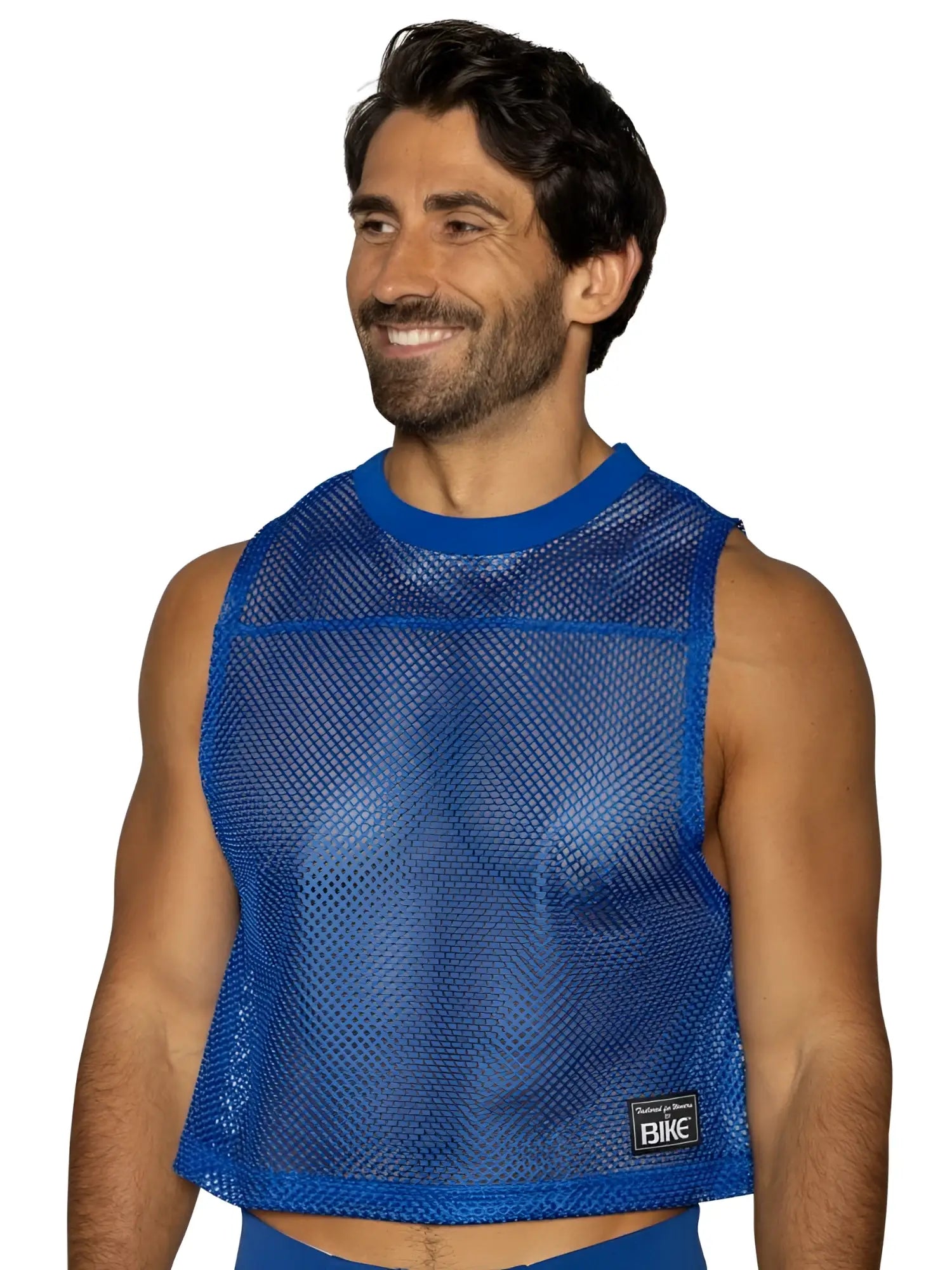 Bike athletic bam135 sleeveless practice jersey in vibrant royal blue mesh with ribbed neckline and hem and black label