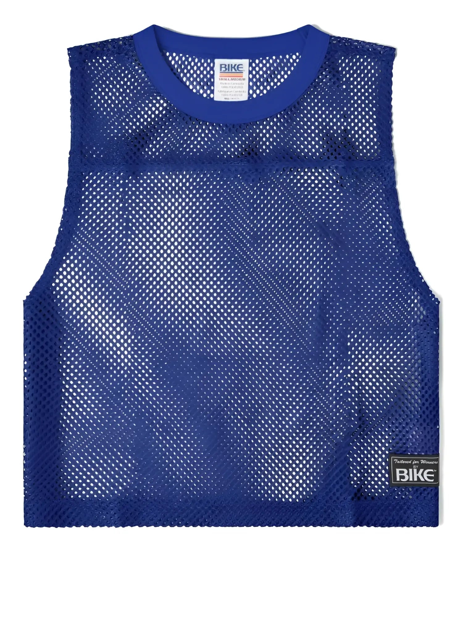Royal blue mesh tank top with solid ribbed neckline and branded label from BIKE athletic BAM135 sleeveless jersey