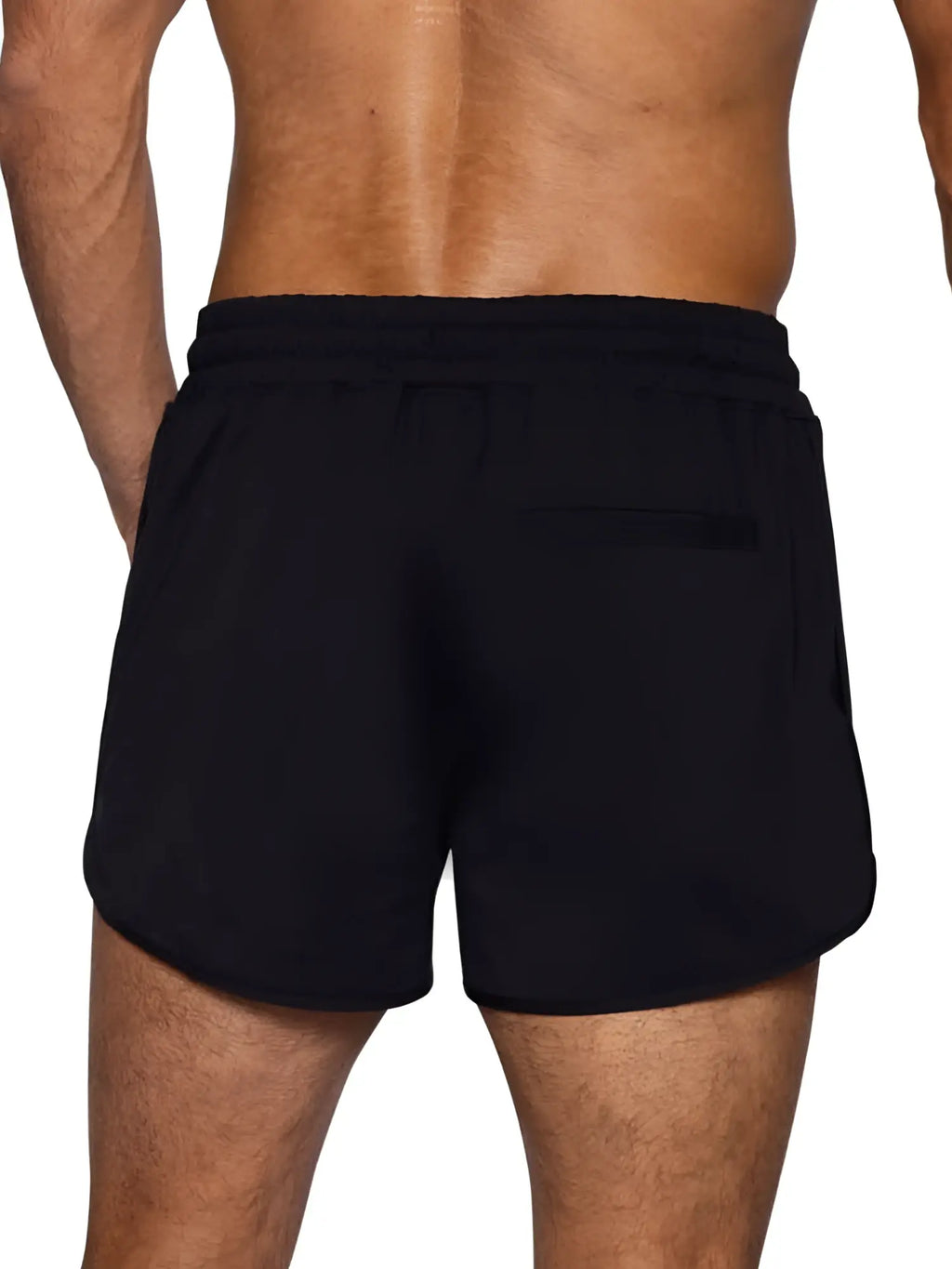 Black bike athletic bam200 track shorts showing back side with elastic waistband and single back pocket