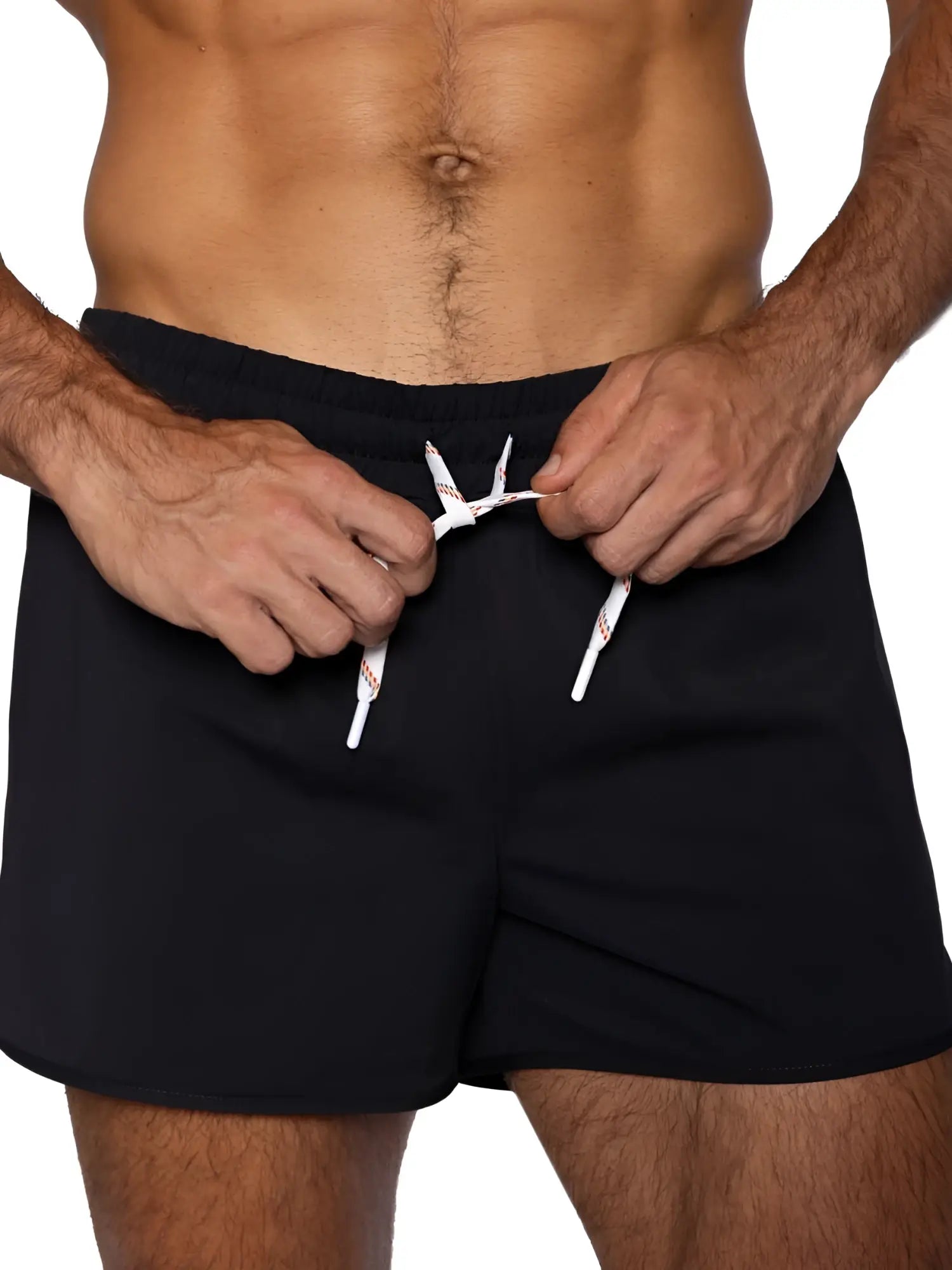 Black bike athletic bam200 track shorts with white drawstrings and subtle pattern for running and training
