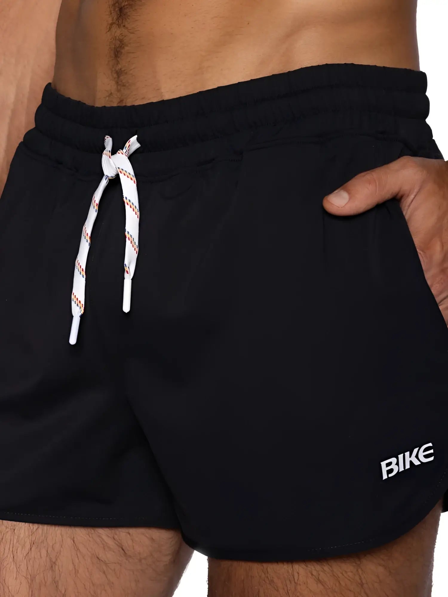Black bike athletic bam200 track shorts with white and red striped drawstrings and a small bike logo on the side