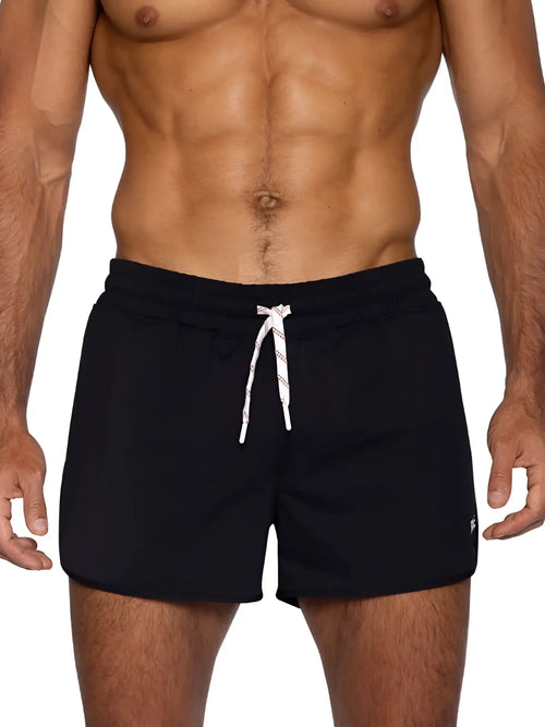 Black bike athletic bam200 track shorts with white drawstring and subtle side logo for active wear