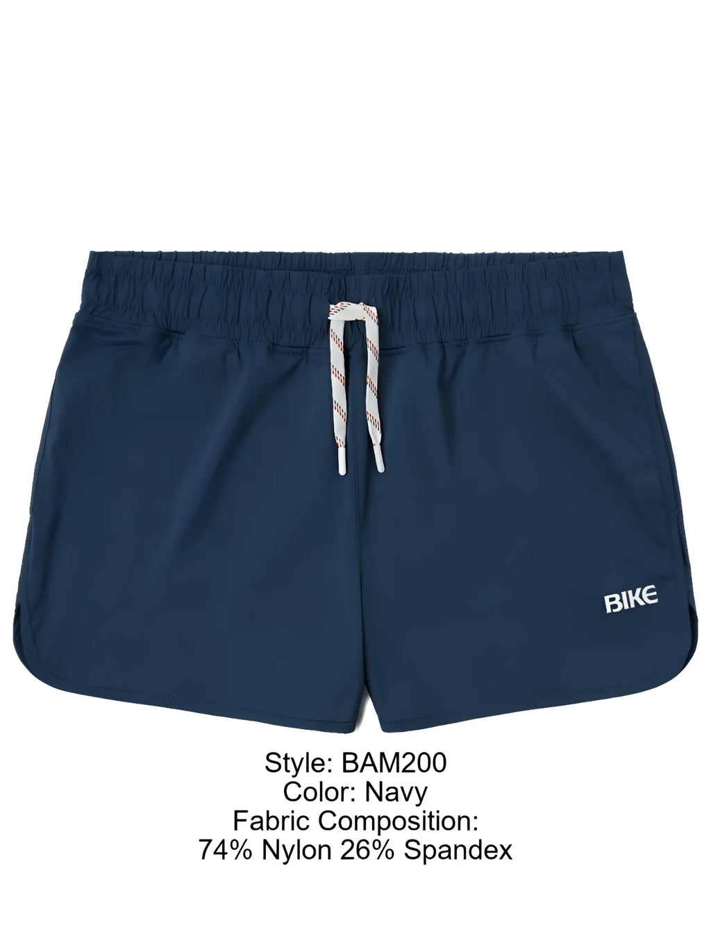 Navy blue BIKE athletic BAM200 track shorts with drawstring waistband and white logo on the side for biking