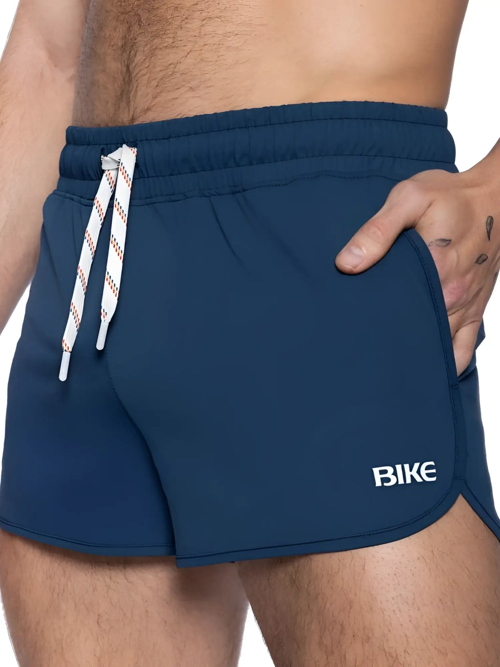 Navy blue BIKE athletic BAM200 track shorts with white drawstring and bike logo on the side for active wear