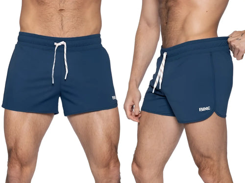 Navy blue bike athletic BAM200 track shorts with white drawstring and bike logo on the side for active wear