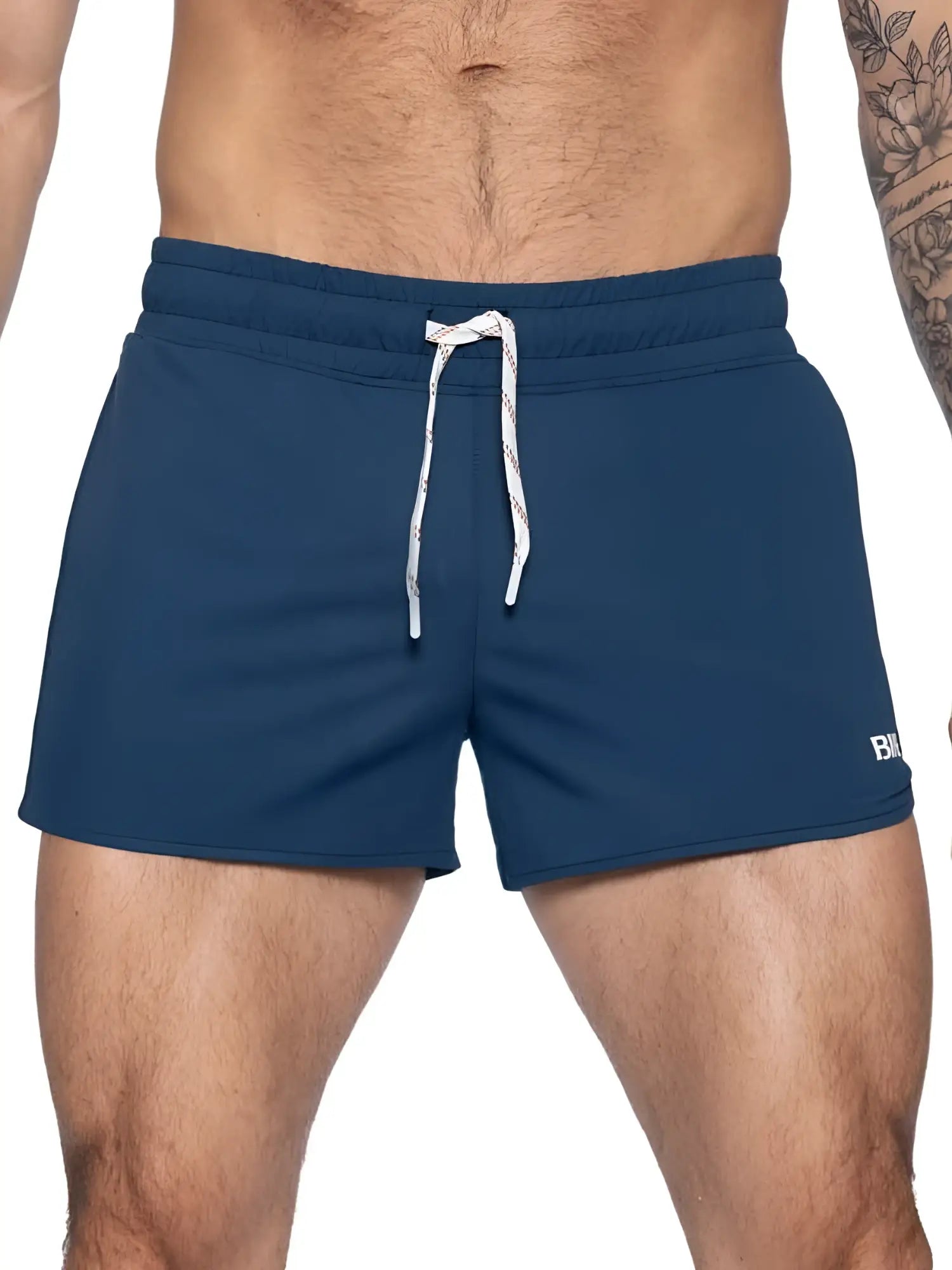 Navy blue BIKE athletic BAM200 track shorts with white drawstring and side logo ideal for sports and training