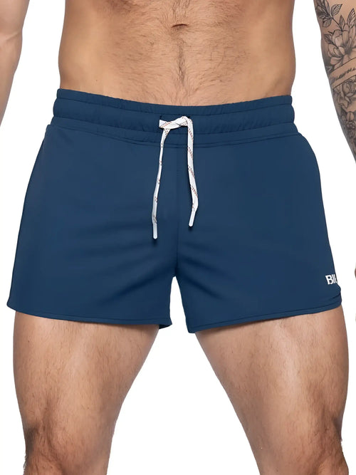 Navy blue BIKE athletic BAM200 track shorts with white drawstring and side logo ideal for sports and training