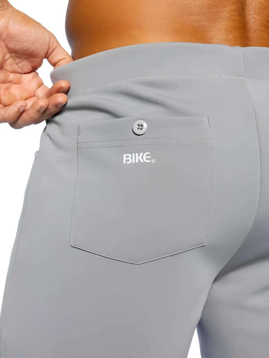 Gray bike athletic BAM207 coaches shorts with 5 inch inseam and white bike logo on the back pocket shown from behind