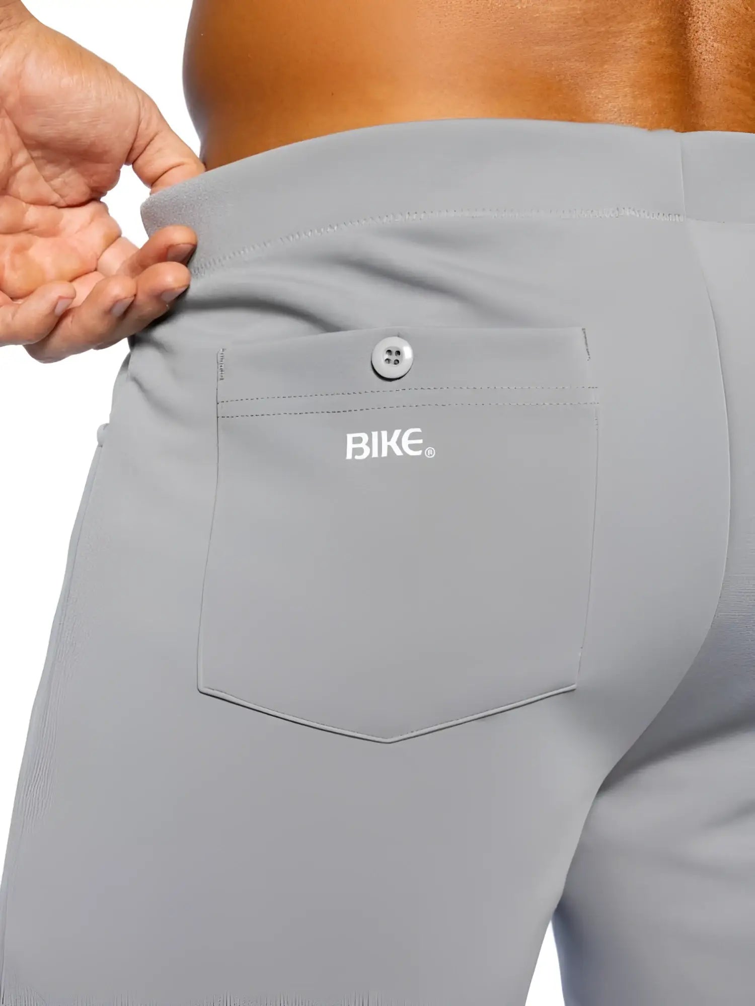 Gray bike athletic BAM207 coaches shorts with 5 inch inseam and white bike logo on the back pocket shown from behind