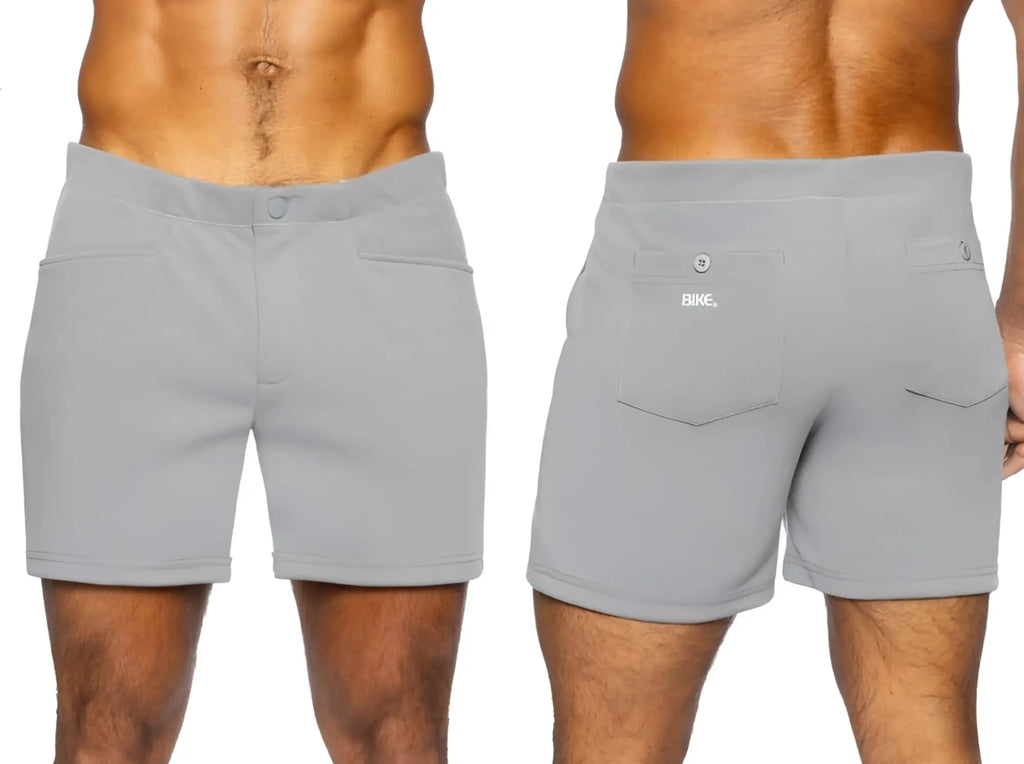 Gray bike athletic bam207 coaches shorts with a sleek modern design and subtle branding on the back pocket shown from back
