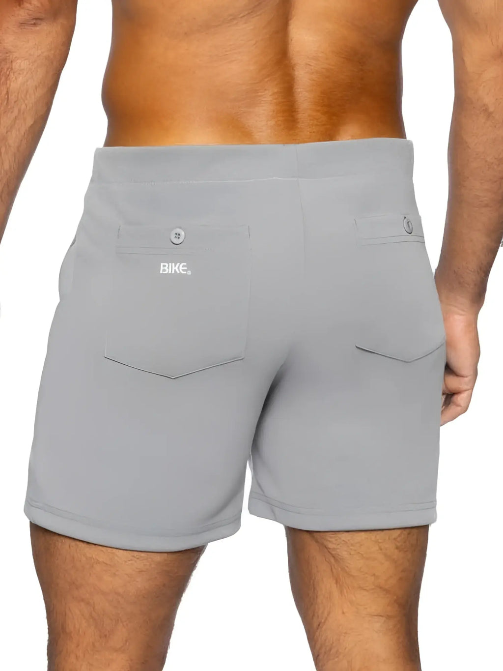 Gray bike athletic BAM207 coaches shorts with 5 inch inseam and front button pocket closures in sleek design