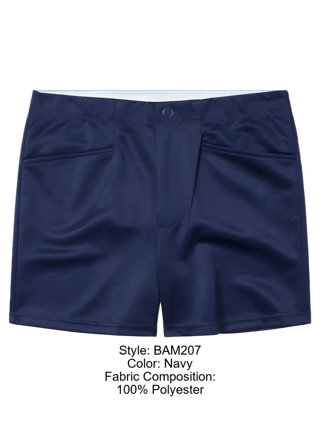 Navy blue polyester bike athletic BAM207 coaches shorts with white waistband and front pockets 5 inch inseam