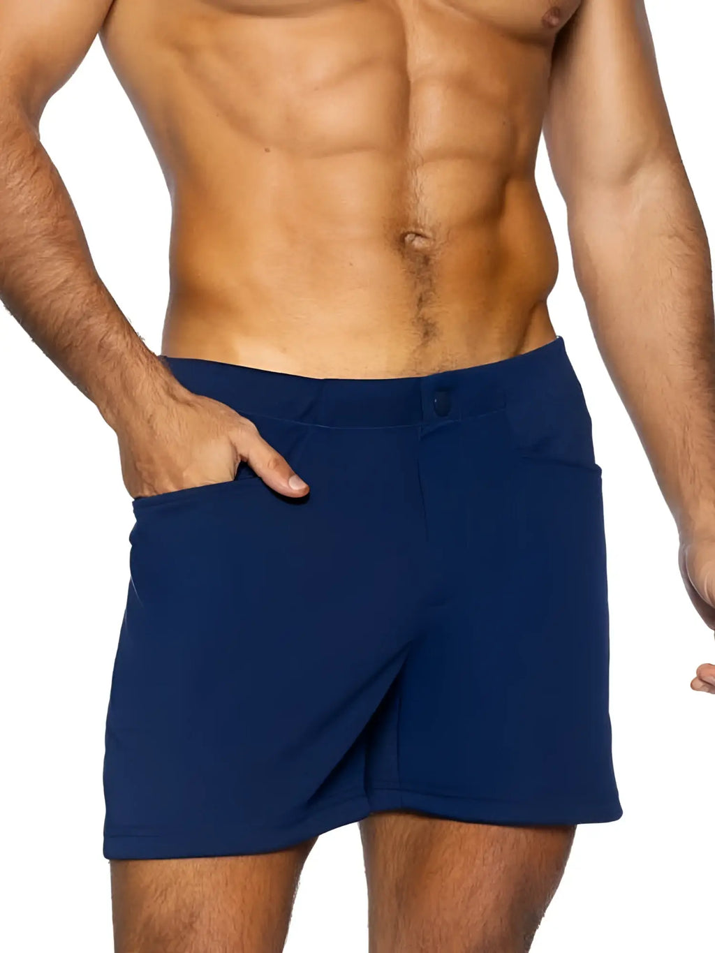 Navy blue BIKE athletic BAM207 coaches shorts with fitted waistband side pockets and 5 inch inseam