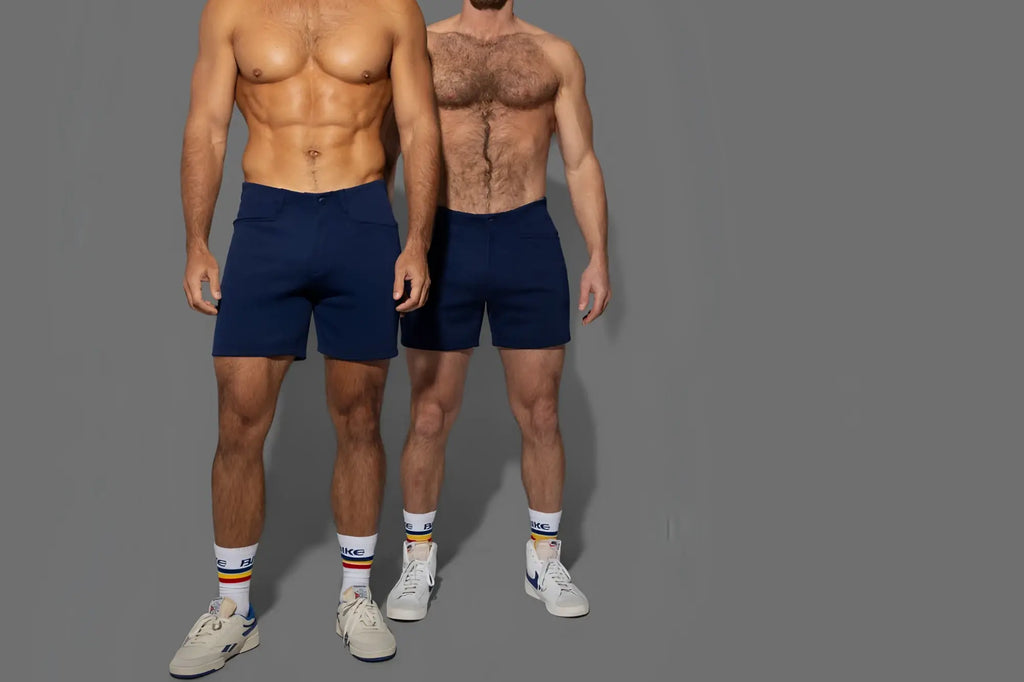 Navy blue tailored fit bike athletic shorts with subtle side seam detailing and 5 inch inseam for coaches