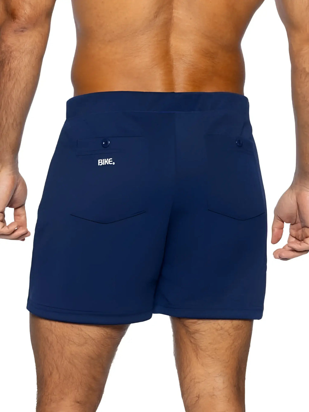 Navy blue BIKE athletic BAM207 coaches shorts with two front pockets and small white bike logo on left pocket