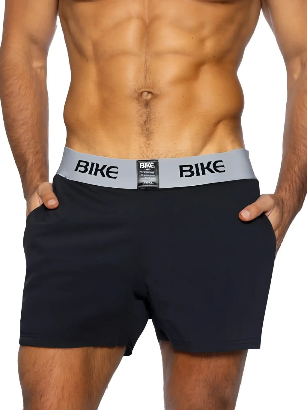 Black men’s boxer briefs with a gray waistband featuring bold bike lettering in BIKE Athletic BAM216 jock short black color