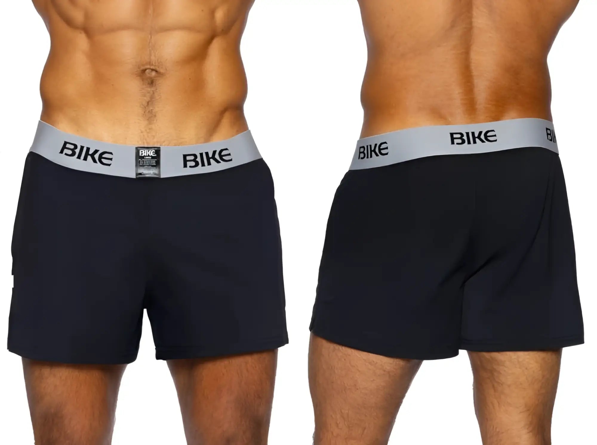 Black men’s bike athletic BAM216 jock shorts in black with gray waistband and bike logo in black lettering