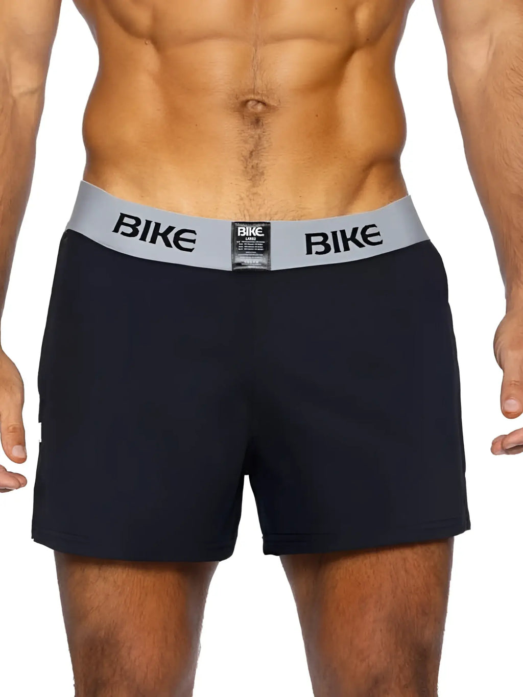 Black men’s bike athletic BAM216 jock shorts with gray waistband featuring bold black bike lettering