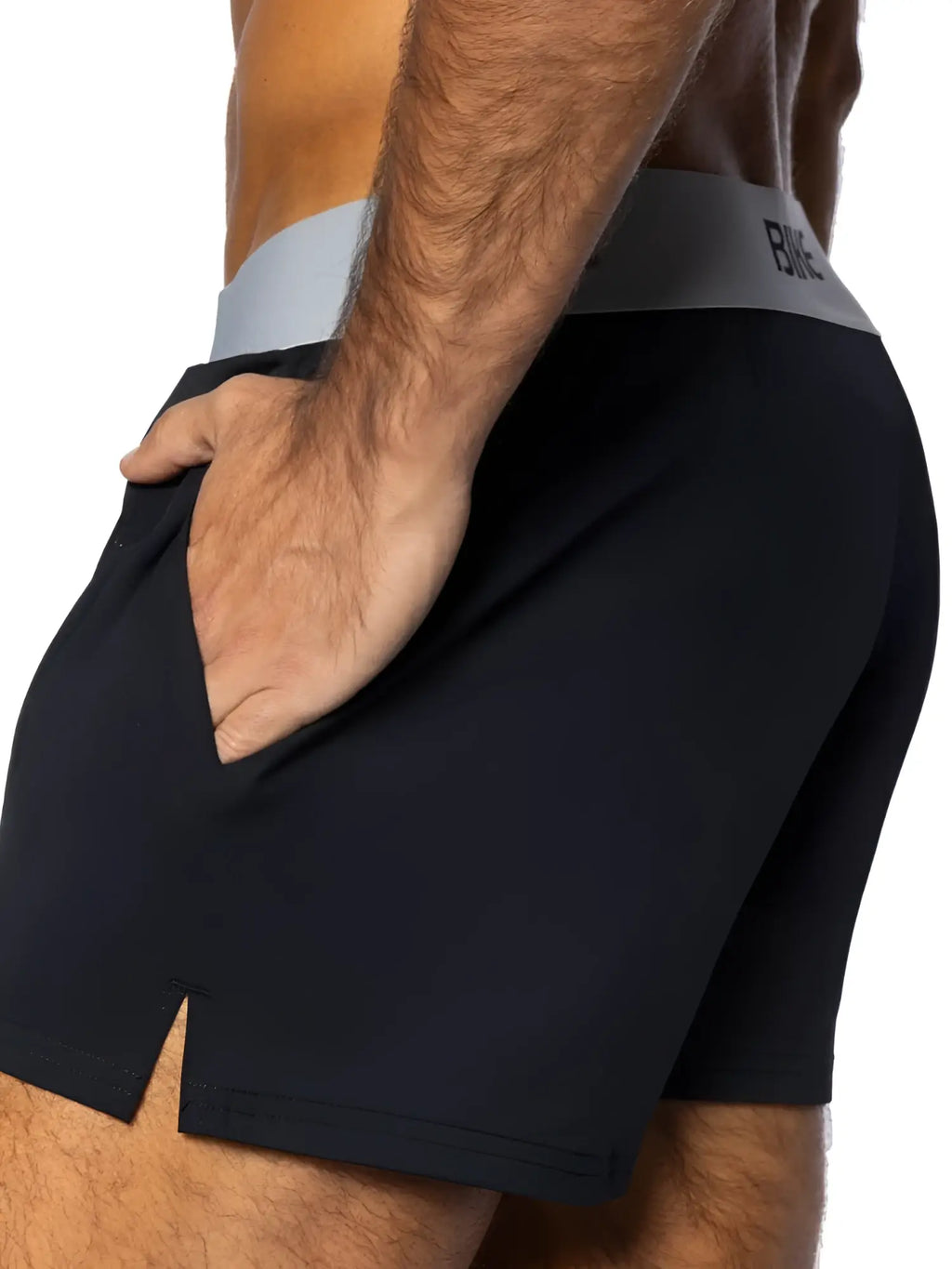 Black bike athletic bam216 jock shorts with gray waistband featuring rmc logo for sports and workouts