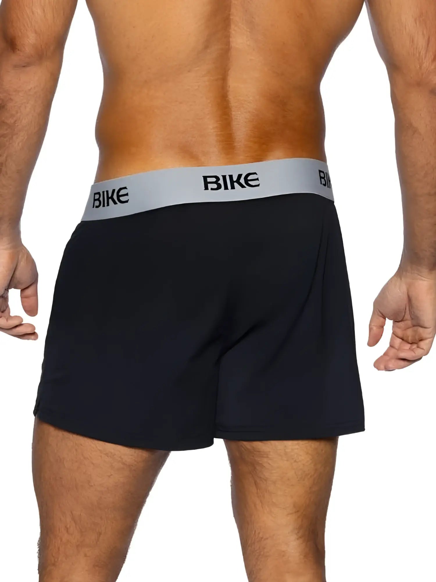 Black bike athletic bam216 jock shorts with a gray waistband featuring bold black bike lettering