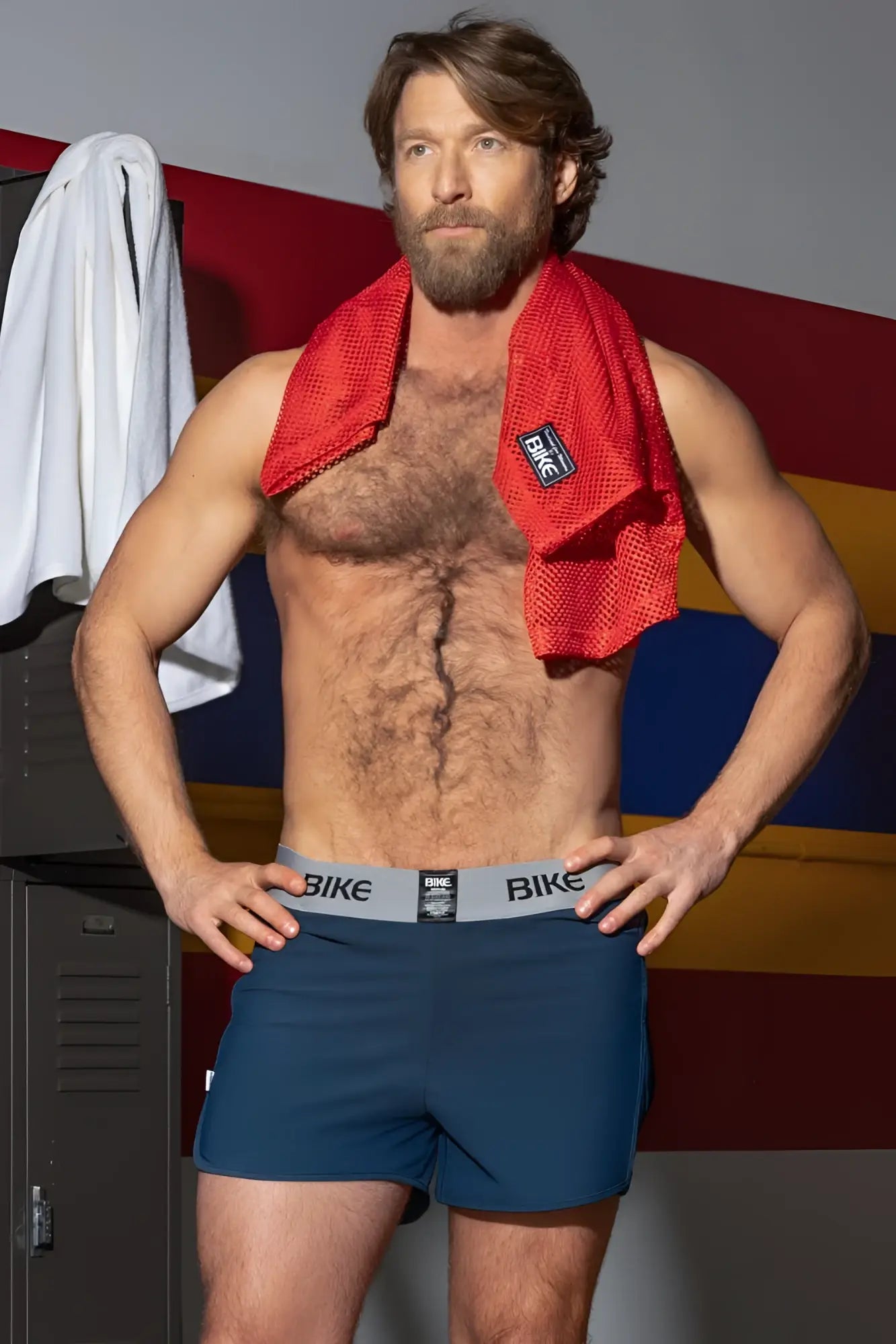 Navy blue bike athletic BAM216 performance jock shorts with gray elastic waistband and black bike logo