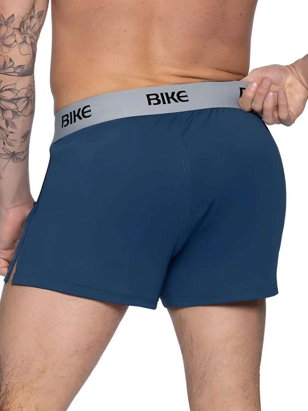 Navy blue bike athletic bam216 performance men’s boxer briefs with gray elastic waistband and black bike lettering