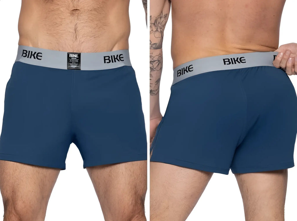Navy blue bike athletic bam216 performance men’s boxer briefs with gray elastic waistband and black bike lettering