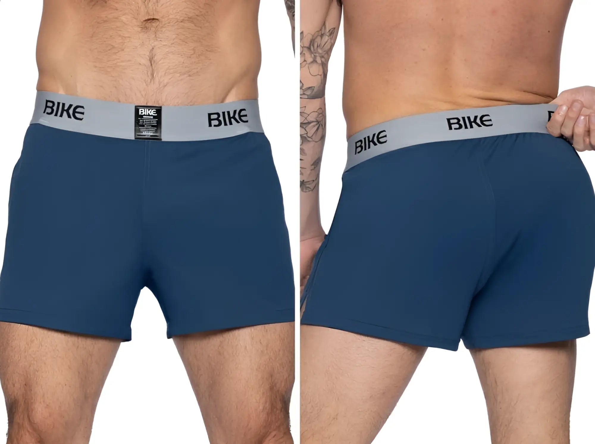 Navy blue bike athletic bam216 performance men’s boxer briefs with gray elastic waistband and black bike lettering